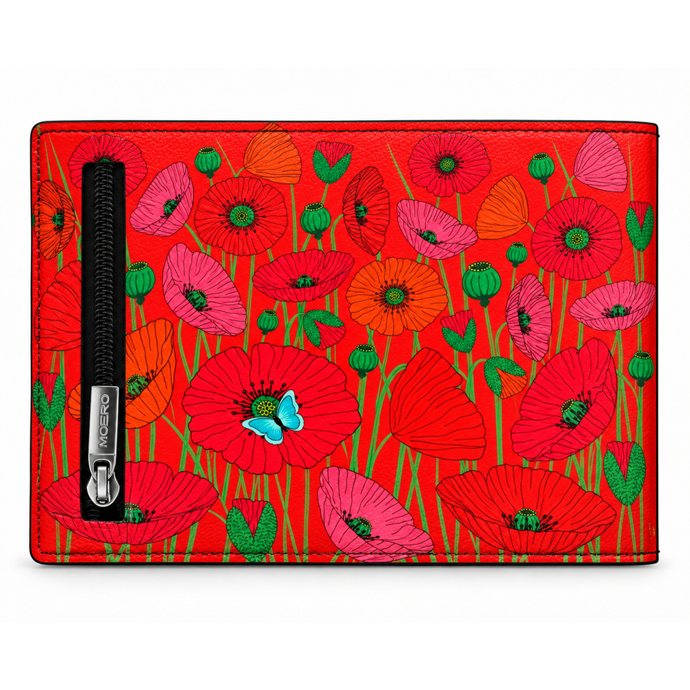 Moero PRO Floral - Papaveri di fuoco - Limited Edition – Portafoglio RFID in Vera Pelle Saffiano con Chiusura Magnetica e Portamonete Zip
