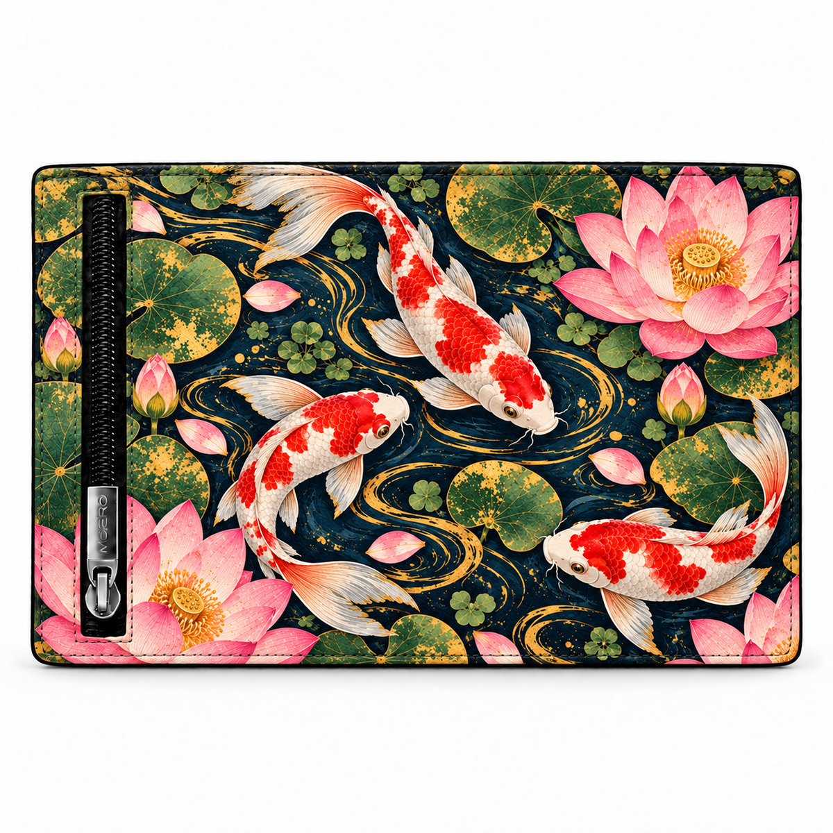 Moero Pro Zip – Koi Loto – Japanese Art Limited Edition – Portafoglio RFID in Vera Pelle Saffiano con Chiusura Magnetica e Portamonete Zip