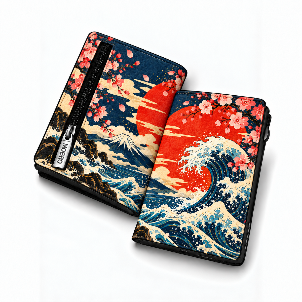 Moero Pro Zip – Grande Onda – Japanese Art Limited Edition – Portafoglio RFID in Vera Pelle Saffiano con Chiusura Magnetica e Portamonete Zip