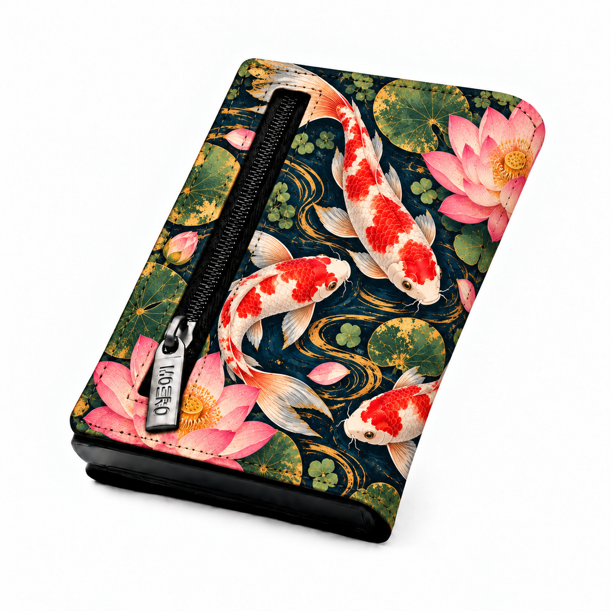 Moero Pro Zip – Koi Loto – Japanese Art Limited Edition – Portafoglio RFID in Vera Pelle Saffiano con Chiusura Magnetica e Portamonete Zip