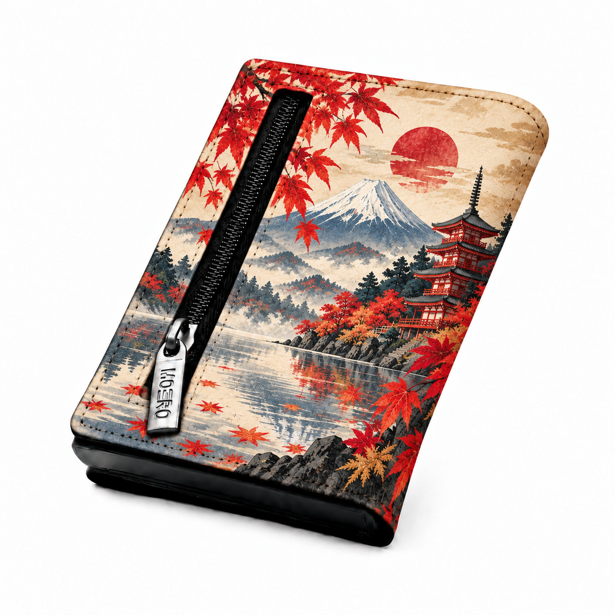 Moero Pro Zip – Pagoda Orientale – Japanese Art Limited Edition – Portafoglio RFID in Vera Pelle Saffiano con Chiusura Magnetica e Portamonete Zip
