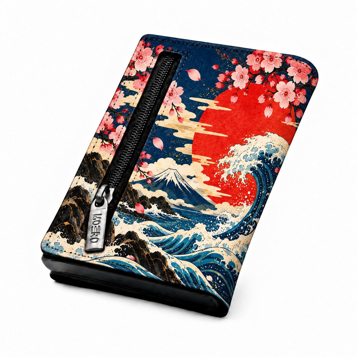 Moero Pro Zip – Grande Onda – Japanese Art Limited Edition – Portafoglio RFID in Vera Pelle Saffiano con Chiusura Magnetica e Portamonete Zip