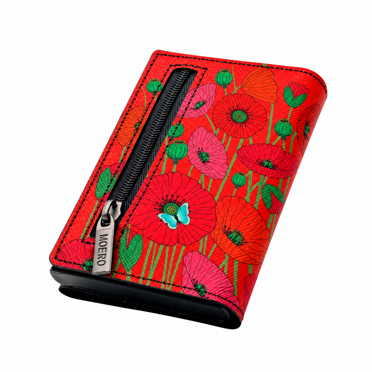 Moero PRO Floral - Papaveri di fuoco - Limited Edition – Portafoglio RFID in Vera Pelle Saffiano con Chiusura Magnetica e Portamonete Zip