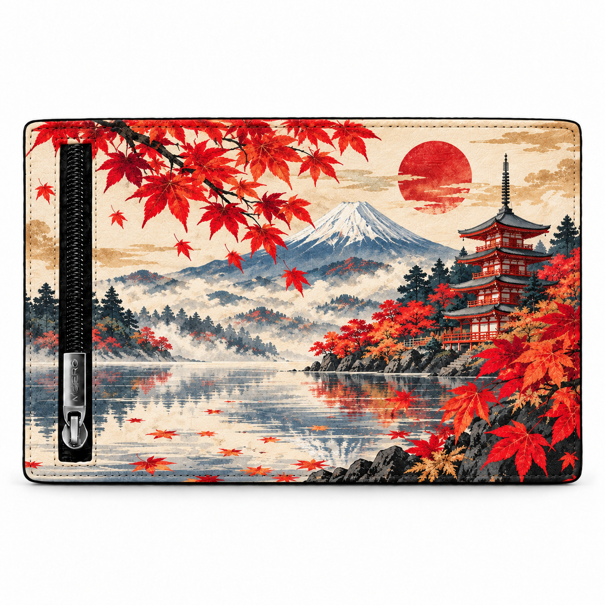 Moero Pro Zip – Pagoda Orientale – Japanese Art Limited Edition – Portafoglio RFID in Vera Pelle Saffiano con Chiusura Magnetica e Portamonete Zip