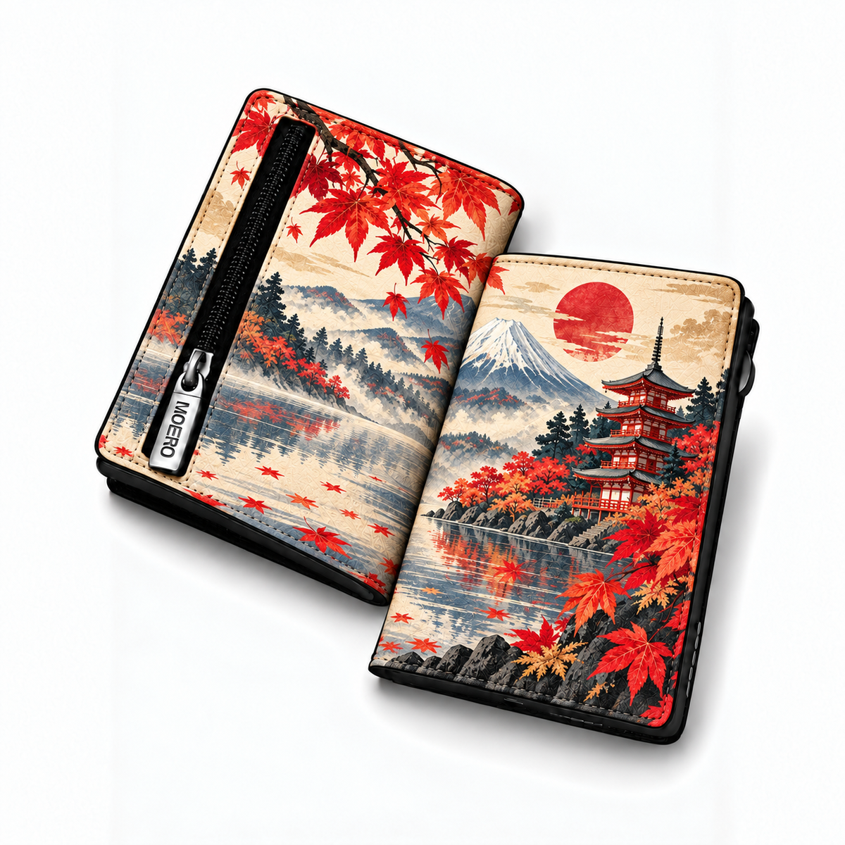 Moero Pro Zip – Pagoda Orientale – Japanese Art Limited Edition – Portafoglio RFID in Vera Pelle Saffiano con Chiusura Magnetica e Portamonete Zip