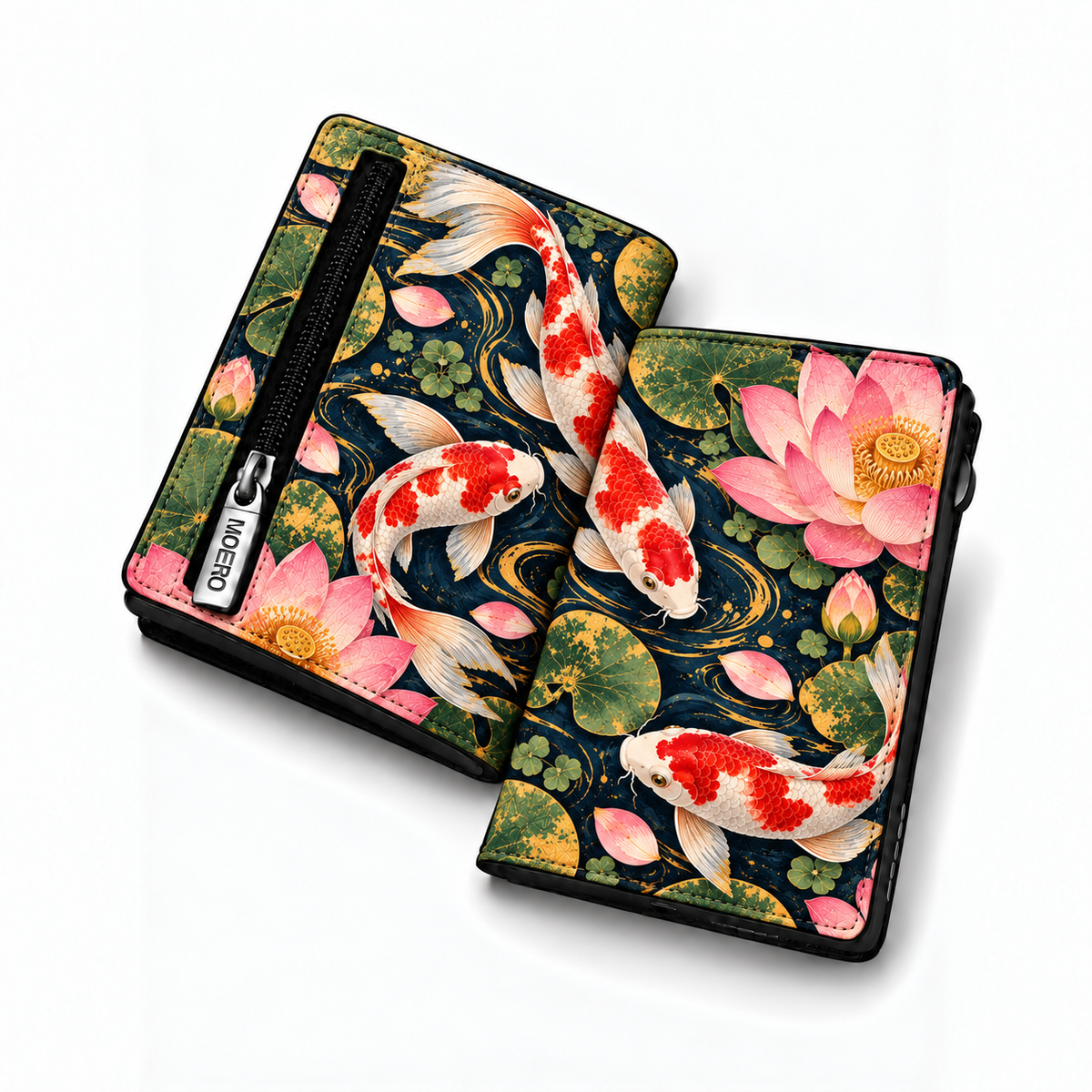 Moero Pro Zip – Koi Loto – Japanese Art Limited Edition – Portafoglio RFID in Vera Pelle Saffiano con Chiusura Magnetica e Portamonete Zip