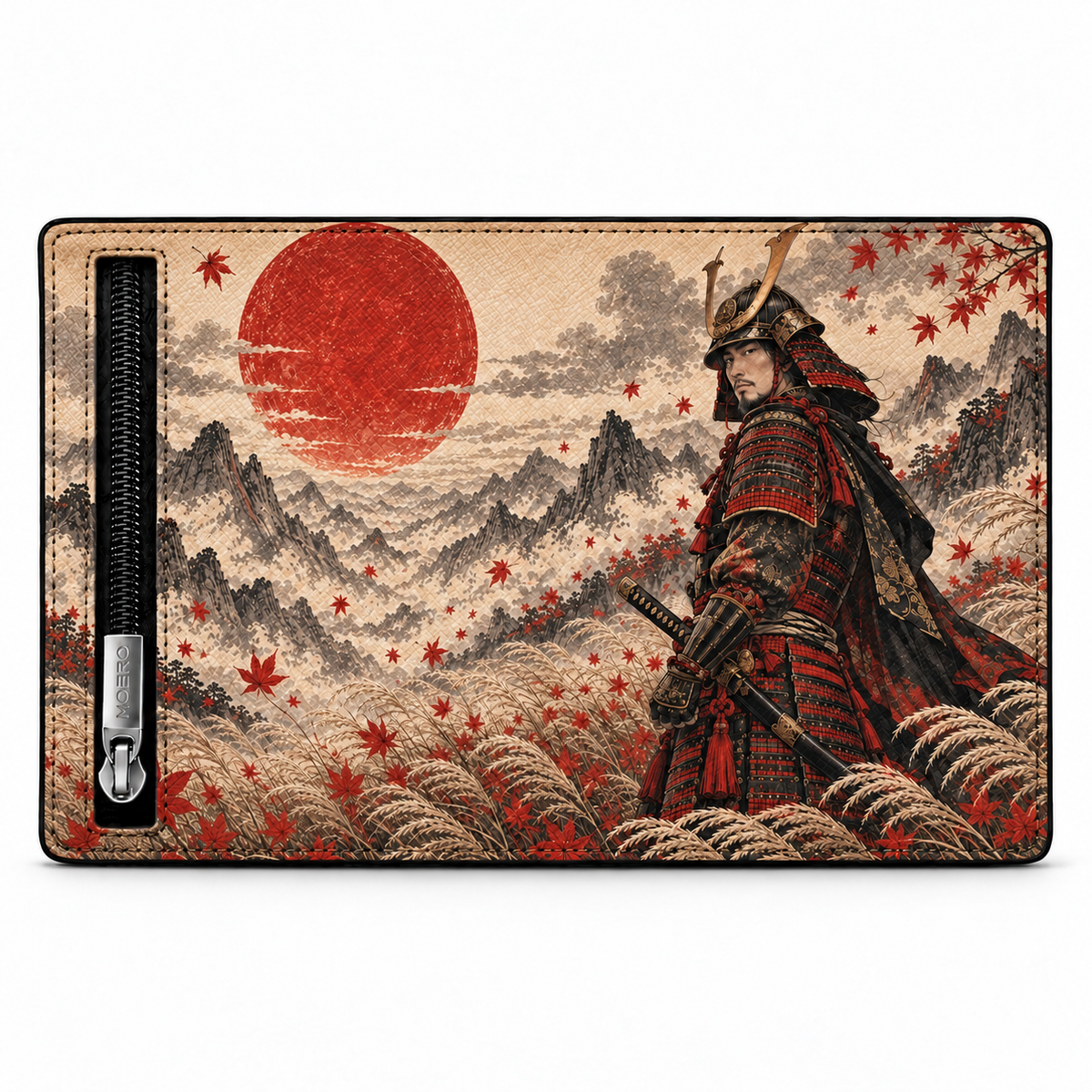 Moero Pro – Samurai – Japanese Art Limited Edition – Portafoglio RFID in Vera Pelle Saffiano con Chiusura Magnetica e Portamonete Zip