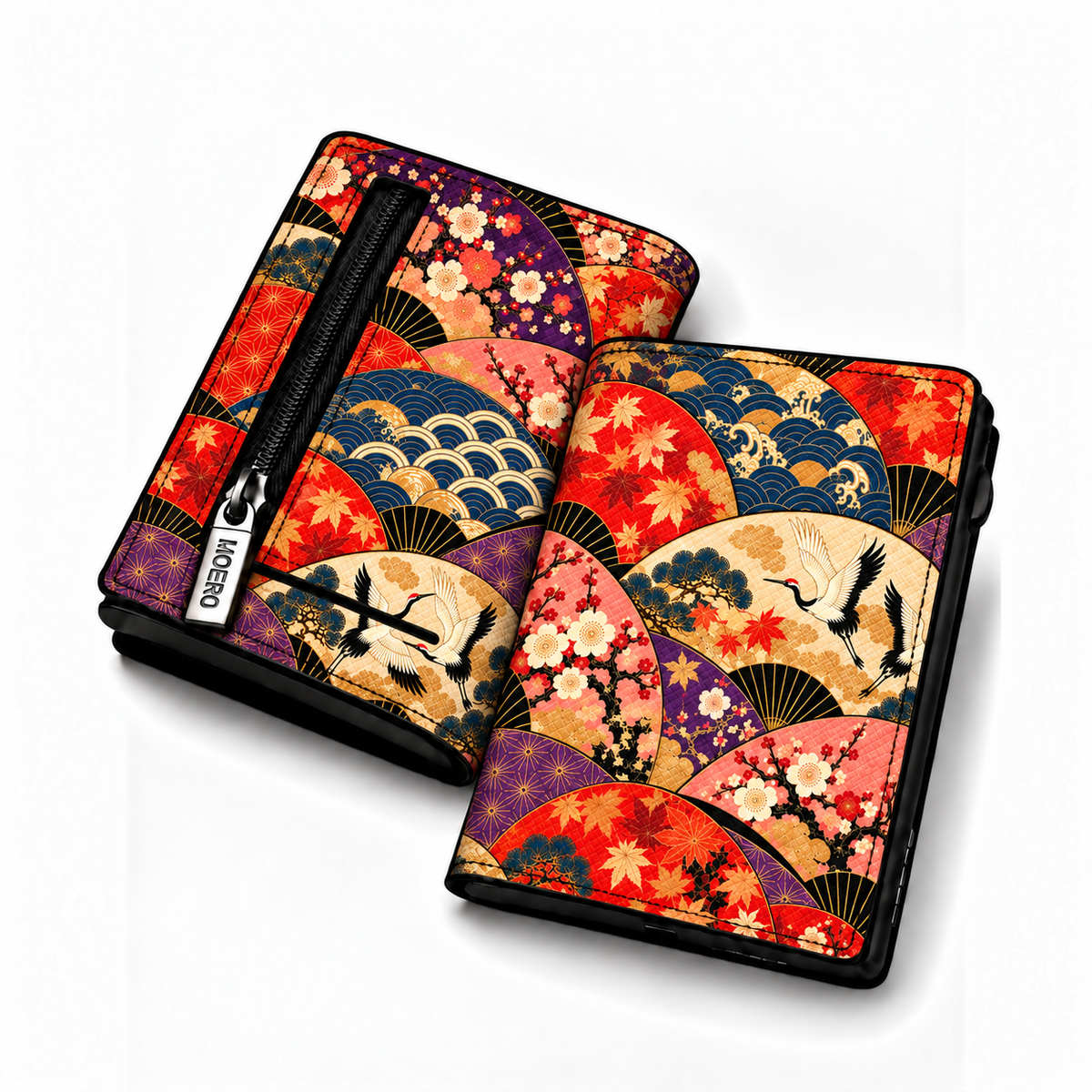 Moero Pro – Ventagli – Japanese Art Limited Edition – Portafoglio RFID in Vera Pelle Saffiano con Chiusura Magnetica e Portamonete Zip
