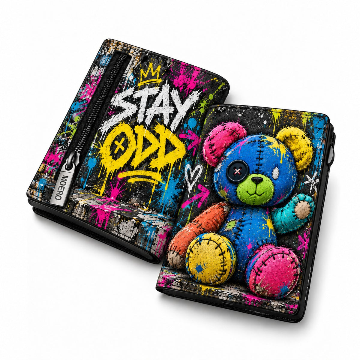Moero Pro Zip - Teddy Stay Odd - Limited Edition – Portafoglio RFID in Vera Pelle Saffiano con Chiusura Magnetica e Portamonete Zip