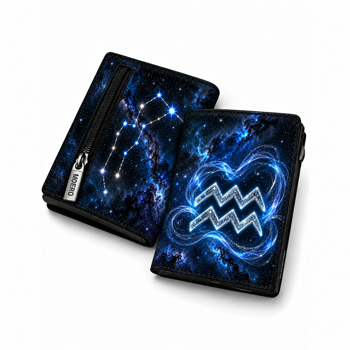 Moero Pro – Acquario – Zodiac Limited Edition – Portafoglio RFID in Vera Pelle Saffiano con Chiusura Magnetica e Portamonete Zip