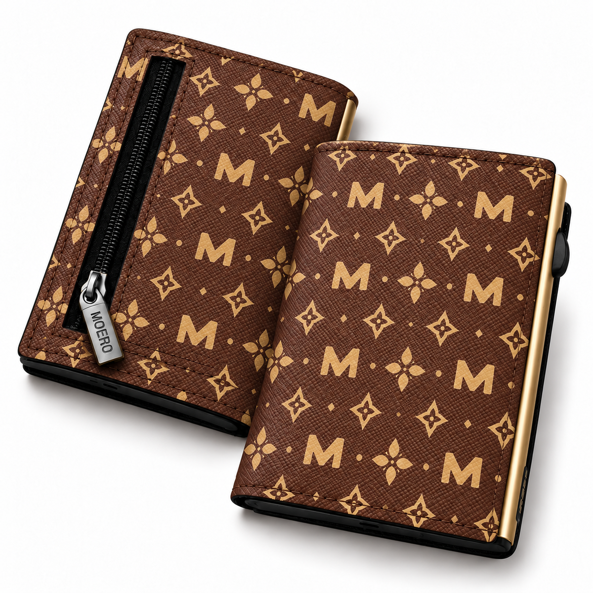 Moero Pro Zip – Monogram Brown – Limited Edition – Portafoglio RFID in Vera Pelle Saffiano con Chiusura Magnetica e Portamonete Zip - portacarte gold