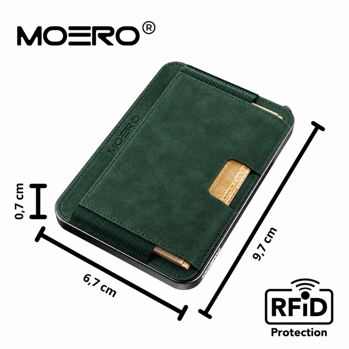 Moero M2 Pro SUPERIOR Verde MagSafe Wallet  – Portafoglio RFID in Alluminio e microfibra scamosciata