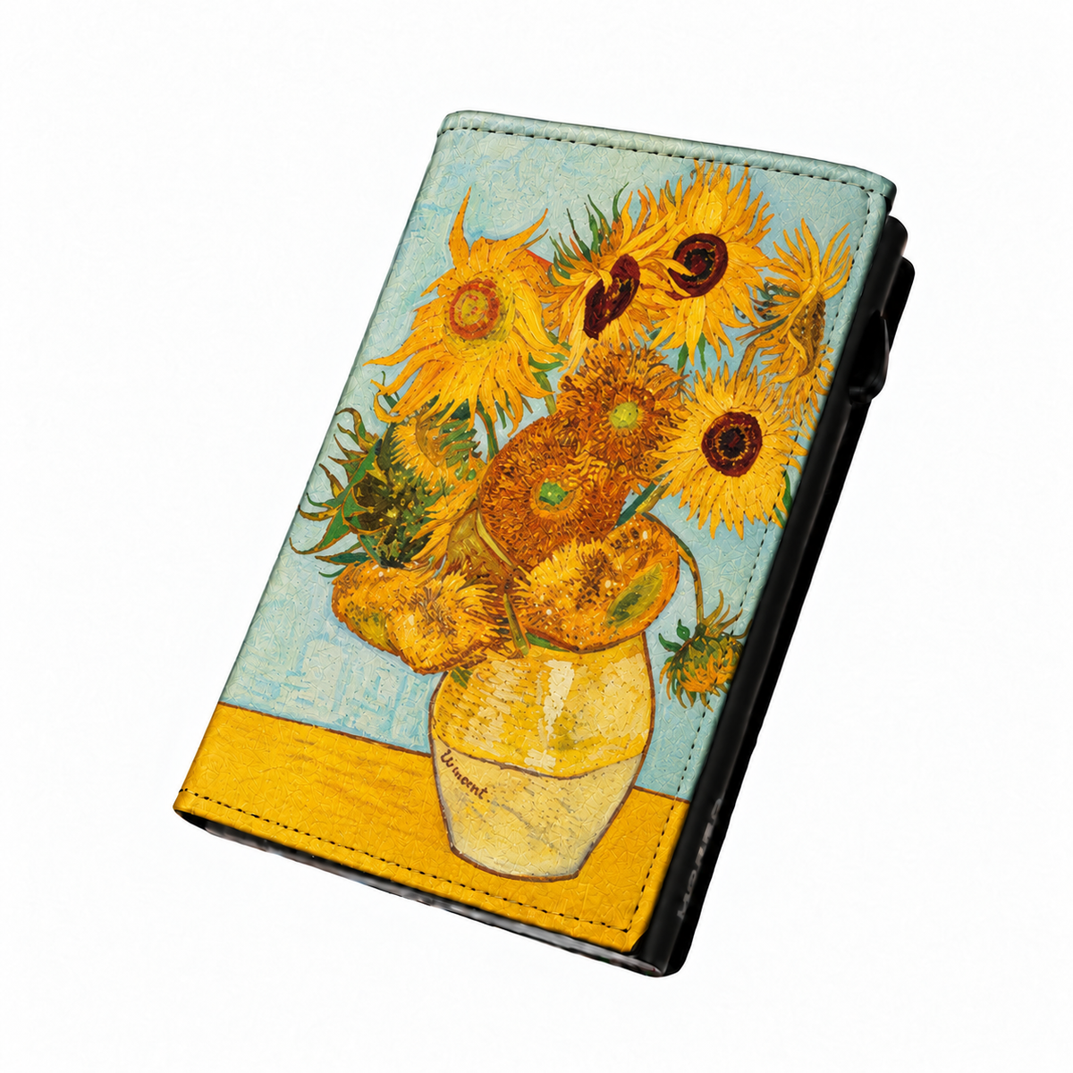 Moero Pro Zip - Girasoli Van Gogh - Arte Limited Edition – Portafoglio RFID in Vera Pelle Saffiano con Chiusura Magnetica e Portamonete Zip