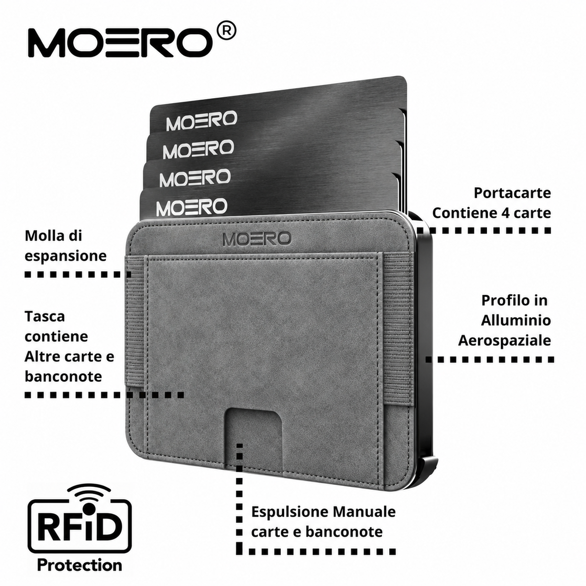 Moero M2 Pro SUPERIOR Grey MagSafe Wallet  – Portafoglio RFID in Alluminio e microfibra scamosciata