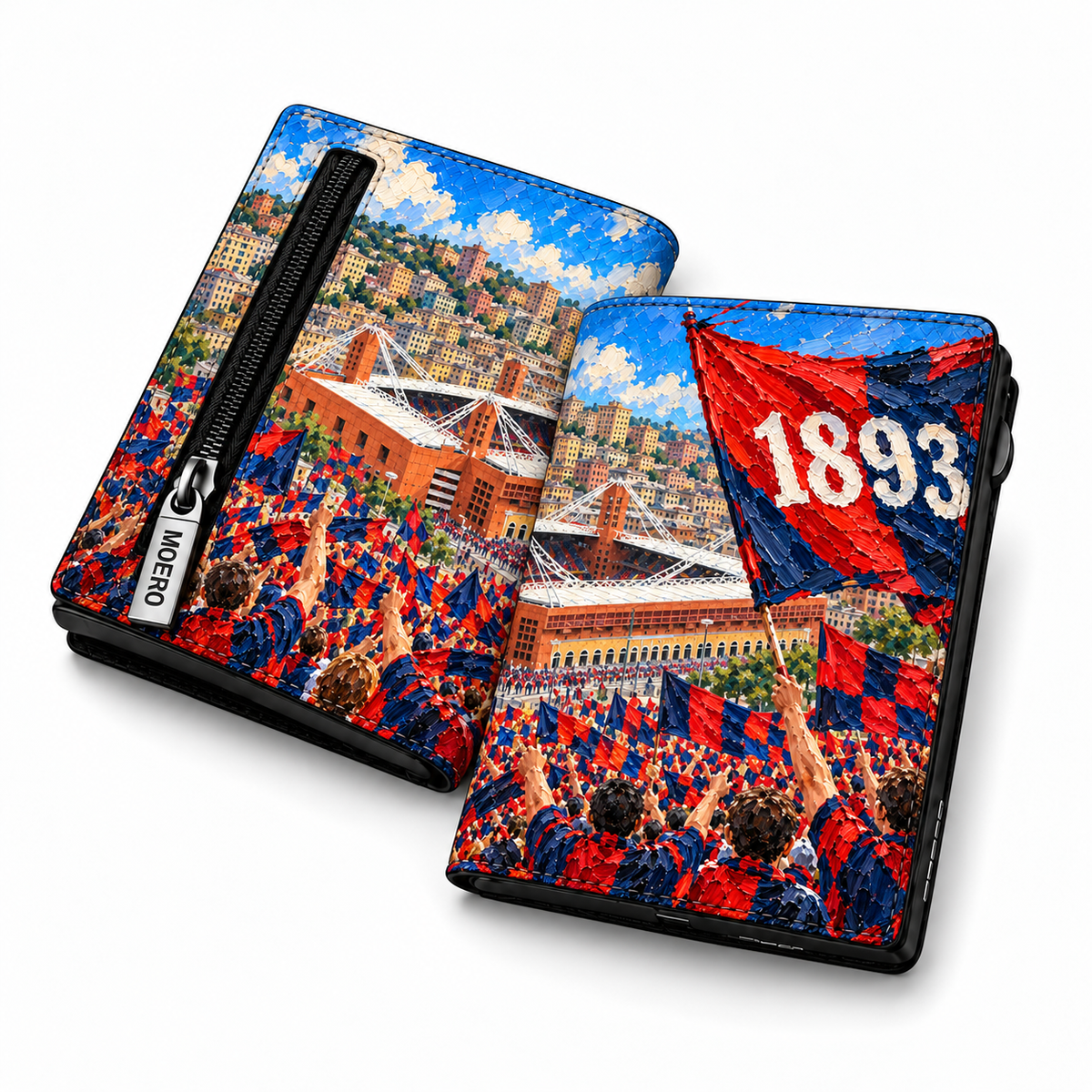 Moero Pro Zip – Genoa – Passione Calcio Limited Edition – Portafoglio RFID in Vera Pelle Saffiano con Chiusura Magnetica e Portamonete Zip