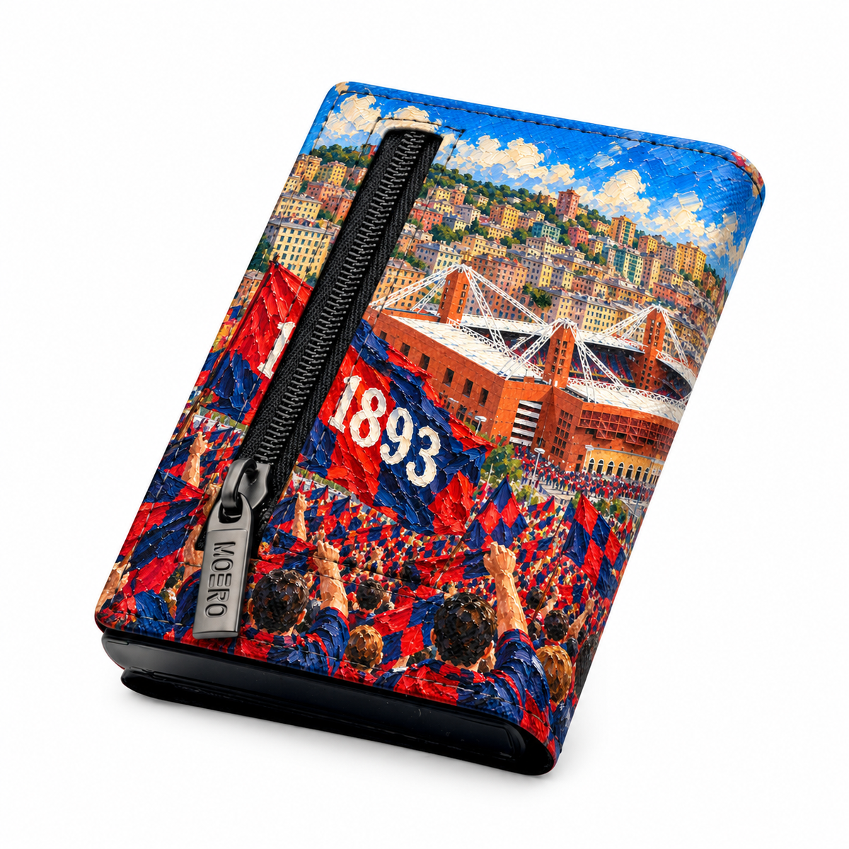 Moero Pro Zip – Genoa – Passione Calcio Limited Edition – Portafoglio RFID in Vera Pelle Saffiano con Chiusura Magnetica e Portamonete Zip