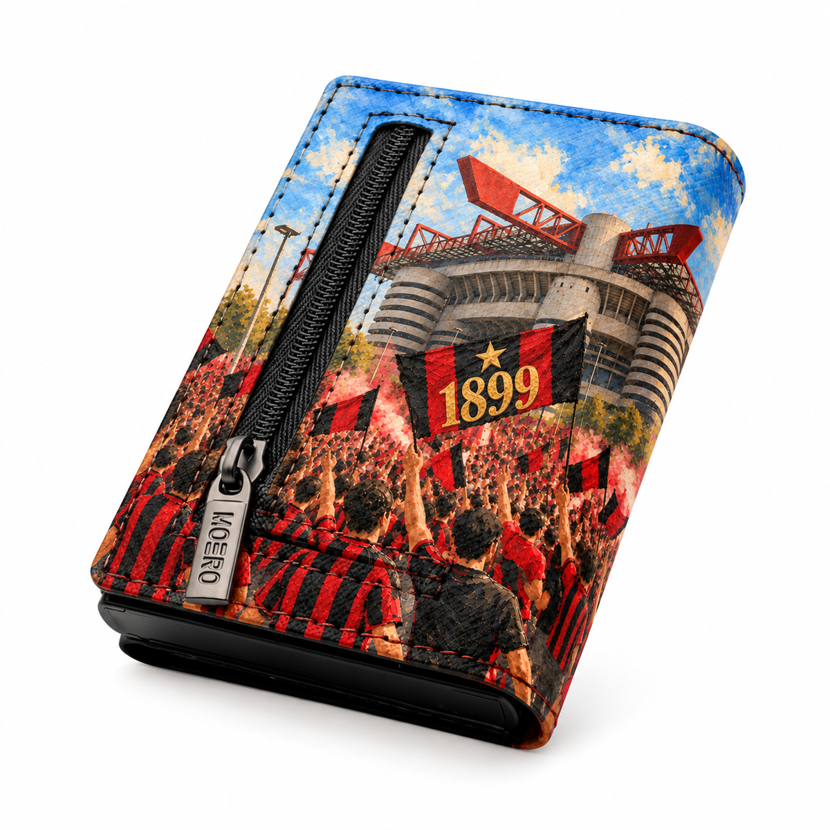 Moero Pro Zip – Milan – Passione Calcio Limited Edition – Portafoglio RFID in Vera Pelle Saffiano con Chiusura Magnetica e Portamonete Zip