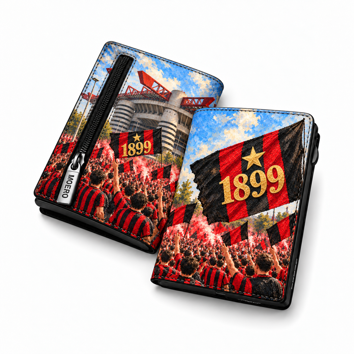 Moero Pro Zip – Milan – Passione Calcio Limited Edition – Portafoglio RFID in Vera Pelle Saffiano con Chiusura Magnetica e Portamonete Zip